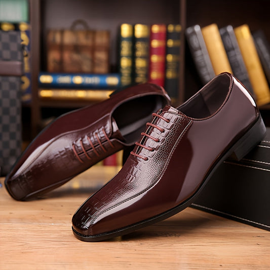 Men's Elegant Black Dress Shoes - Glossy Finish, Pointed Toe, Lace-Up Business & Formal Style for Weddings, Parties, and Casual Attire