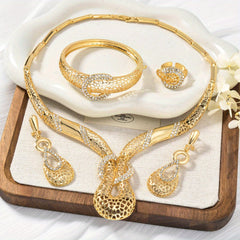 Middle Eastern Fashion Retro Men's and Women's Copper Jewelry Set Unique Curved Hollow Y-shaped Glitter Necklace + Bracelet + Earrings + Ring Suitable for Ramadan Gift SHOWLU FASHION STORE