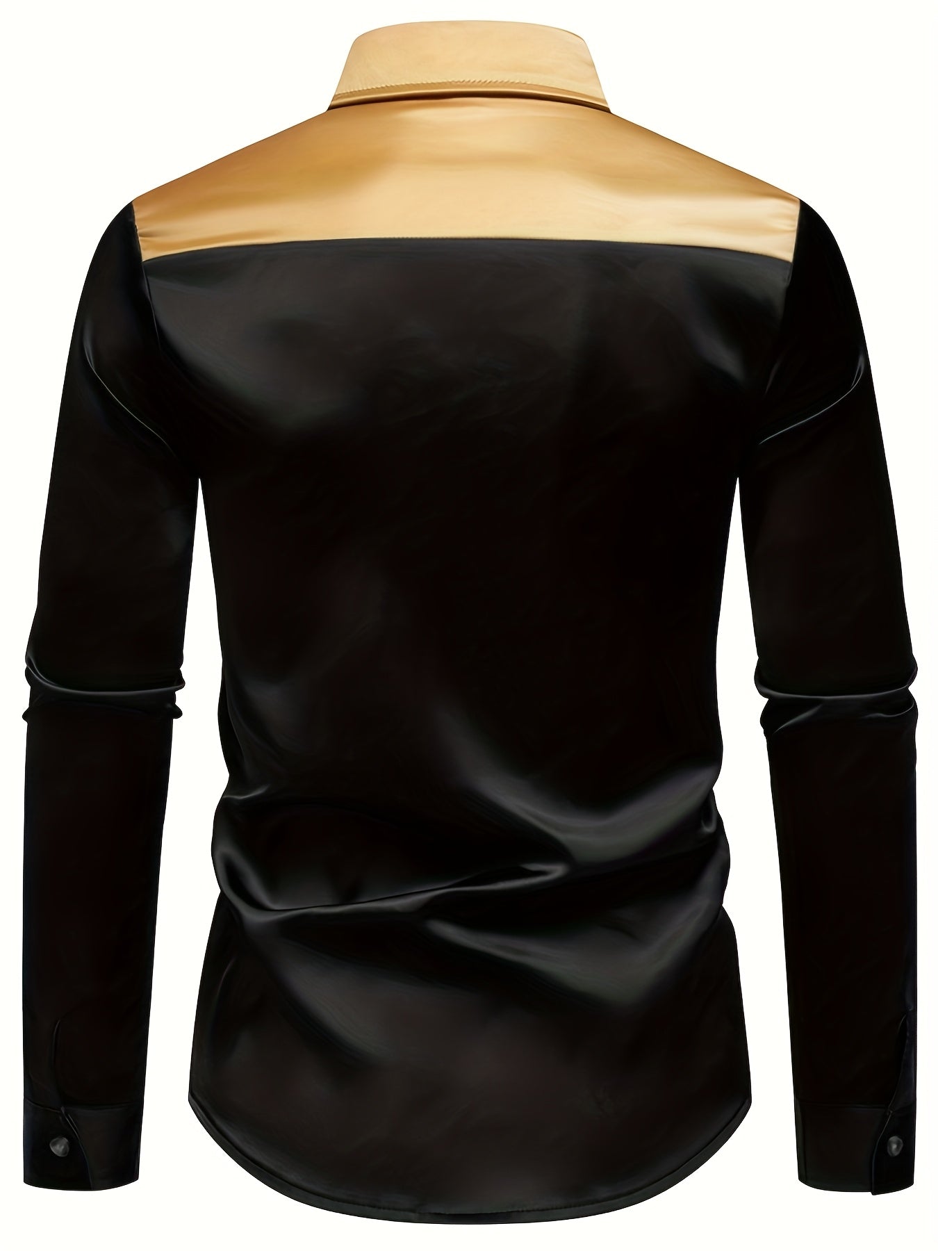 Men'S Silky Smooth Color Block Long Sleeve Button-Up Shirt - Black with Golden Accents, Casual Lapel Style, Polyester Blend, Perfect for All Seasons SHOWLU FASHION STORE