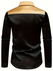 Men'S Silky Smooth Color Block Long Sleeve Button-Up Shirt - Black with Golden Accents, Casual Lapel Style, Polyester Blend, Perfect for All Seasons SHOWLU FASHION STORE