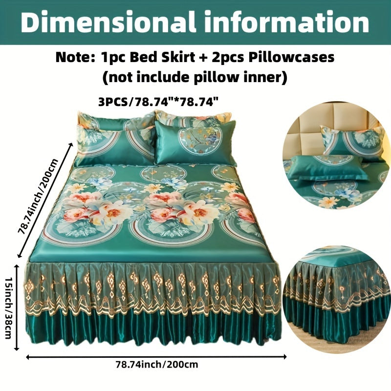 2pcs/3pcs Jacquard Bed Skirt Set with Pillowcases, Lace Hem, Floral Pattern, Soft & Comfortable, Machine Washable, Polyester 100%, Contemporary Style, Woven Fabric, 120g - Single/Double Size Options SHOWLU FASHION STORE