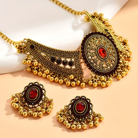 Bollywood Style 1 Pair Of Earrings + 1 Choker Vintage Jewelry Set Tribal Design 14k Gold Plated Inlaid Rhinestone Red Or Blue Make Your Call Match Daily Outfits SHOWLU FASHION STORE