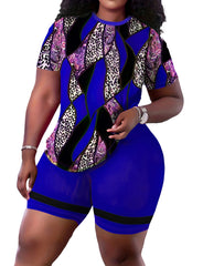Plus Size New Morning Exercise Clothes, Casual Outfits Set, Women's Leopard Print Short Sleeve Top & Biker Shorts 2 Piece Suit SHOWLU FASHION STORE