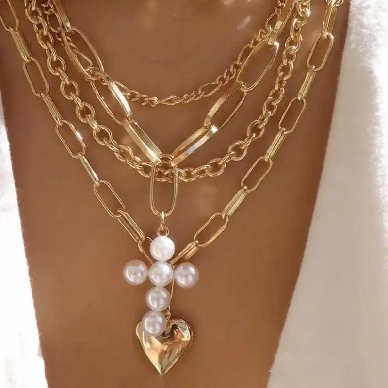 Showlu Fashion Store 0 N0340-1 Boho Elegant Jewelry Multilayer Chain Pearl Cross Heart Pendant Necklace Gold Color Unquie Women Fashion Necklace N0340