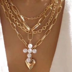 Showlu Fashion Store 0 N0340-1 Boho Elegant Jewelry Multilayer Chain Pearl Cross Heart Pendant Necklace Gold Color Unquie Women Fashion Necklace N0340