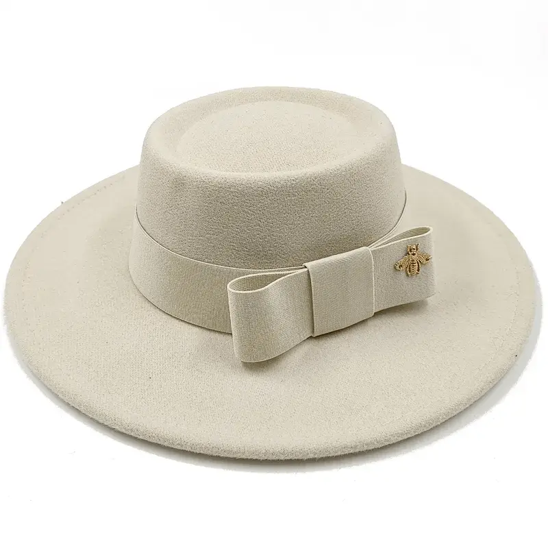 Showlu Fashion Store 32 / 56-58cm / China Bow Tie Fedora Hat Winter Round Bumpy Surface Flat Top Bow Tie Elastic Band Men's and Women's Red Jazz Hat Fedora