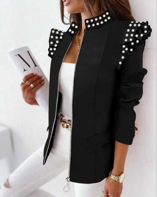 Showlu Fashion Store 0 Black beads / S Colorful Blazer Jacket for Women Leopard Printed Ruffled Long-sleeved Zipper Printed Suit Plus Size Clothing for Women Blazers