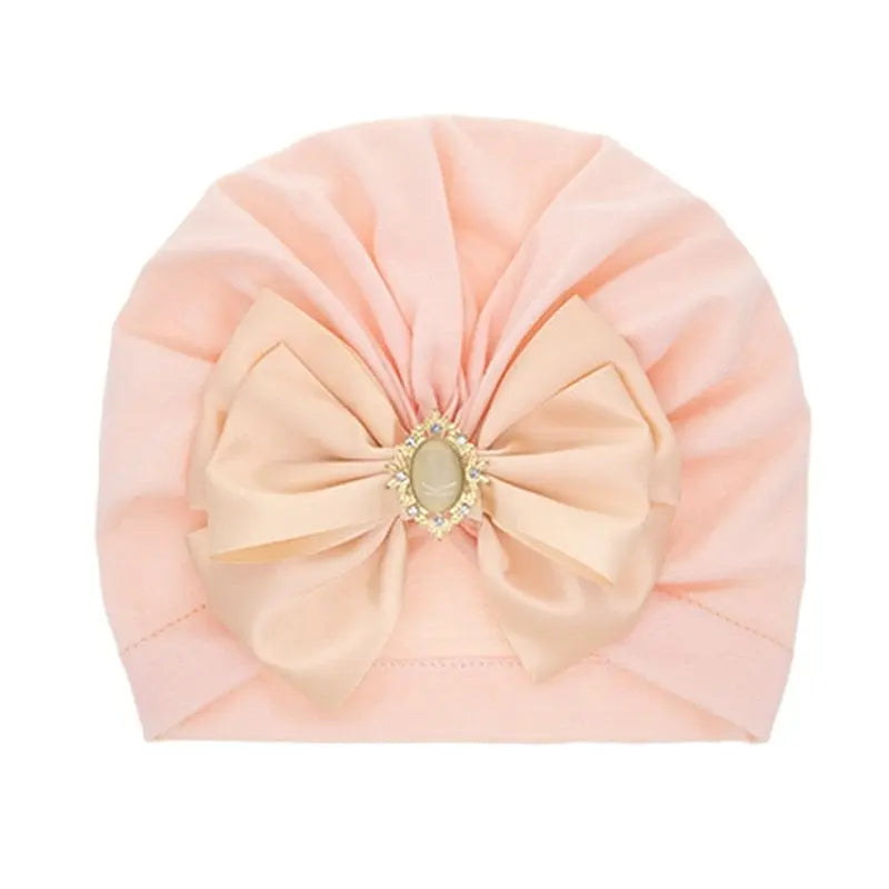 Showlu Fashion Store 0 peach Cute Shining Rhinestone Bowknot Infant Indian Hat Soft Skin-friendly Cotton Baby Girl Caps Turban Fashion Handmade Bows Headwear