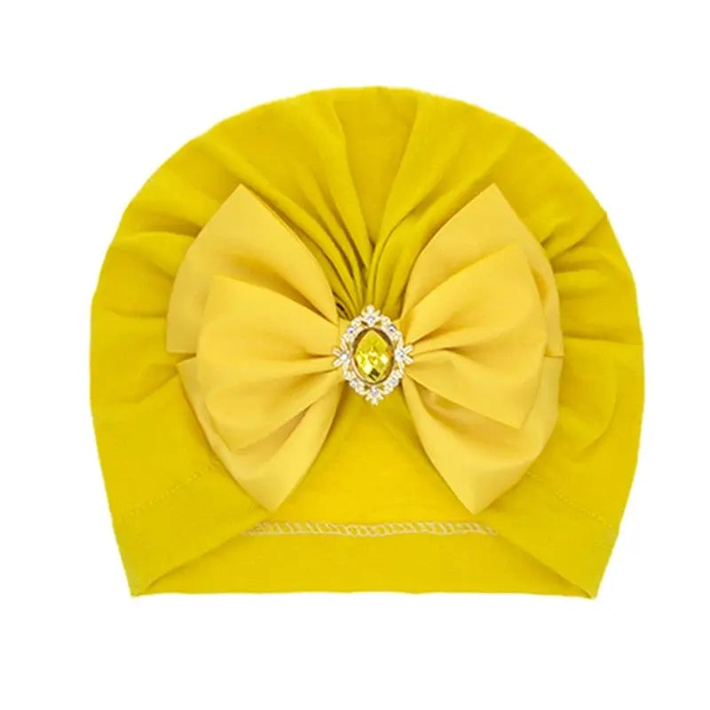Showlu Fashion Store 0 yellow Cute Shining Rhinestone Bowknot Infant Indian Hat Soft Skin-friendly Cotton Baby Girl Caps Turban Fashion Handmade Bows Headwear