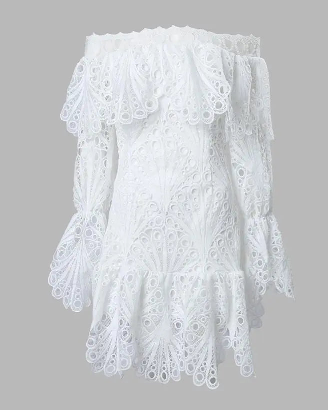 Showlu Fashion Store 0 Elegant Dresses for Women Eyelet Embroidery Off Shoulder Ruffle Hem Party Mini Dress A Line New Fashion 2023 Summer Casual
