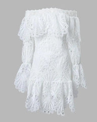 Showlu Fashion Store 0 Elegant Dresses for Women Eyelet Embroidery Off Shoulder Ruffle Hem Party Mini Dress A Line New Fashion 2023 Summer Casual