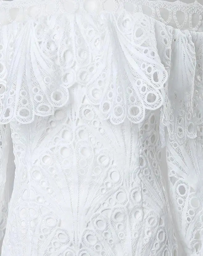 Showlu Fashion Store 0 Elegant Dresses for Women Eyelet Embroidery Off Shoulder Ruffle Hem Party Mini Dress A Line New Fashion 2023 Summer Casual