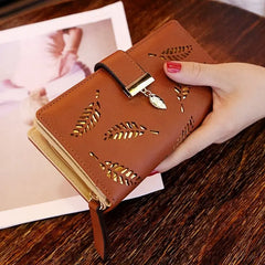Showlu Fashion Store 0 Fashion PU Leather Wallet Purse Women Long Wallet Gold Hollow Leaves Pouch Handbag For Women Coin Purse Card Holders Clutch