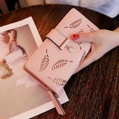 Showlu Fashion Store 0 Pink Fashion PU Leather Wallet Purse Women Long Wallet Gold Hollow Leaves Pouch Handbag For Women Coin Purse Card Holders Clutch