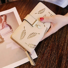 Showlu Fashion Store 0 Khaki Fashion PU Leather Wallet Purse Women Long Wallet Gold Hollow Leaves Pouch Handbag For Women Coin Purse Card Holders Clutch