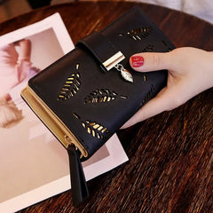 Showlu Fashion Store 0 Fashion PU Leather Wallet Purse Women Long Wallet Gold Hollow Leaves Pouch Handbag For Women Coin Purse Card Holders Clutch