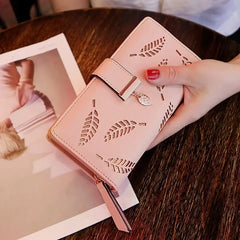 Showlu Fashion Store 0 Fashion PU Leather Wallet Purse Women Long Wallet Gold Hollow Leaves Pouch Handbag For Women Coin Purse Card Holders Clutch