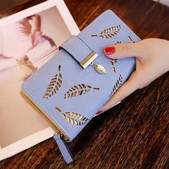 Showlu Fashion Store 0 Blue Fashion PU Leather Wallet Purse Women Long Wallet Gold Hollow Leaves Pouch Handbag For Women Coin Purse Card Holders Clutch