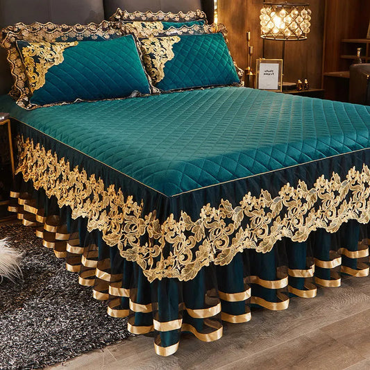 Gold Embroidery Velvet Quilted Thicken Bedspread Queen King Size Soft Warm Lace Ruffle Bed Skirt 2 Pillowcases 200x220 Green SHOWLU FASHION STORE