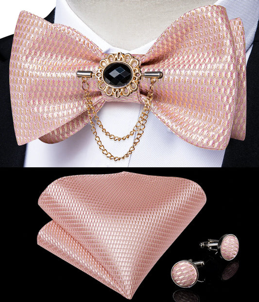 Pink Plaid Solid Men's Self Tie Bow Tie Silk Jacquard Woven Wedding Party Bowtie Hanky Brooch Set Men Butterfly Necktie DiBanGu