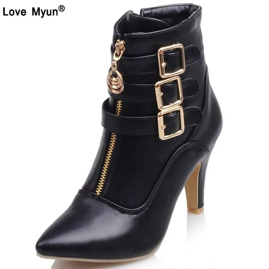 Shoes Women Boots Spring High Heels Ankle Boots Pointed Toe Buckle  Boots Zip Ladies Shoes White Big Size rtg5 SHOWLU FASHION STORE