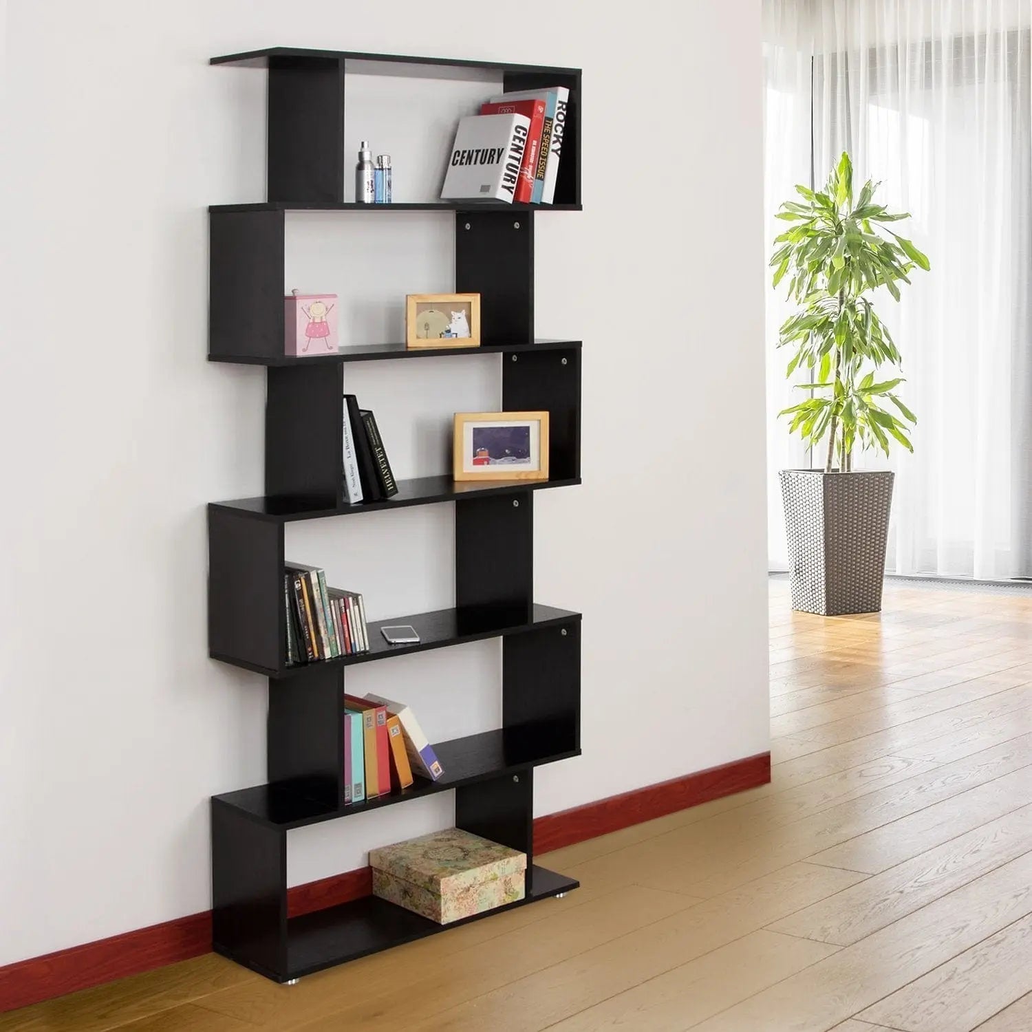 Taupe Shadow Home & Garden HOMCOM Wooden S Shape Bookcase 6 Shelves Storage Display Home Office
