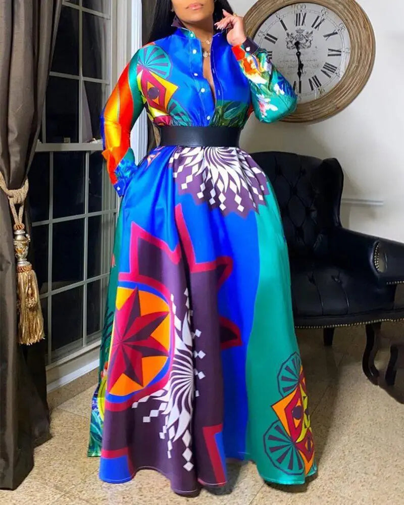 African Dresses for Women Summer African Women Printing Polyester Plus Size Long Dress African Clothes S-5XL SHOWLU FASHION STORE