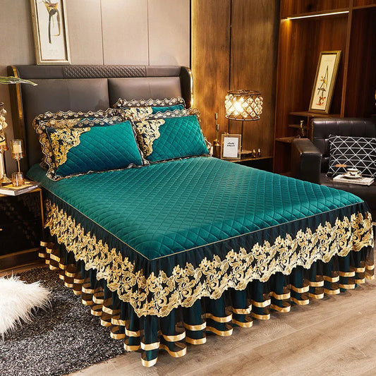 Gold Embroidery Velvet Quilted Thicken Bedspread Queen King Size Soft Warm Lace Ruffle Bed Skirt 2 Pillowcases 200x220 Green SHOWLU FASHION STORE