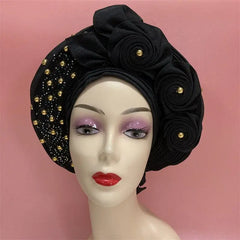 Showlu Fashion Store 0 same as picture 5 / One size High Quality African Nigeria Gele Elegant Helmet With Stones Headband Turban Head Scarf Head-Hat Auto Gele Brand New Hats 7L5191