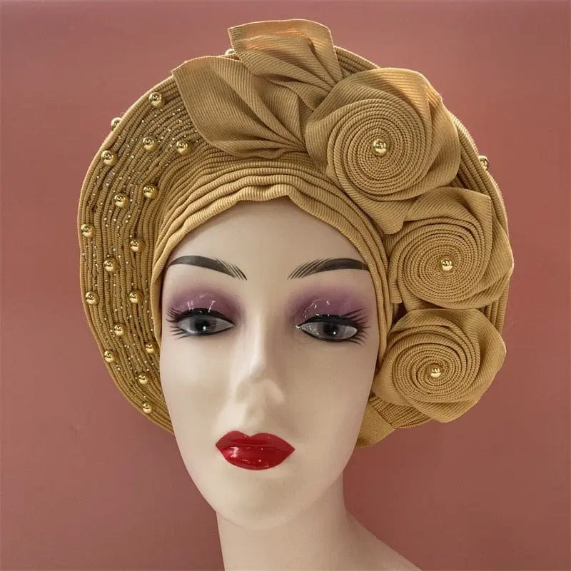 Showlu Fashion Store 0 same as picture 12 / One size High Quality African Nigeria Gele Elegant Helmet With Stones Headband Turban Head Scarf Head-Hat Auto Gele Brand New Hats 7L5191