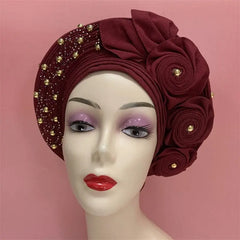 Showlu Fashion Store 0 High Quality African Nigeria Gele Elegant Helmet With Stones Headband Turban Head Scarf Head-Hat Auto Gele Brand New Hats 7L5191