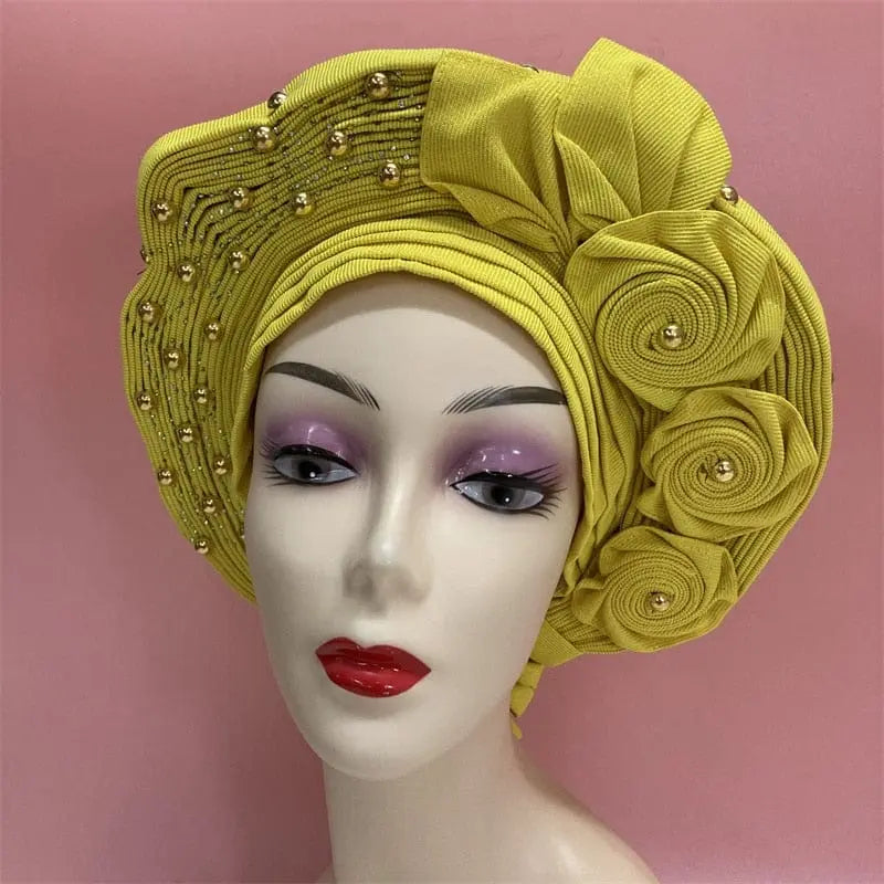 Showlu Fashion Store 0 same as picture 3 / One size High Quality African Nigeria Gele Elegant Helmet With Stones Headband Turban Head Scarf Head-Hat Auto Gele Brand New Hats 7L5191