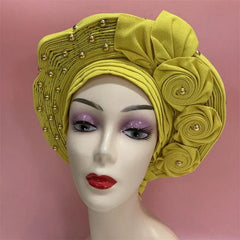 Showlu Fashion Store 0 same as picture 3 / One size High Quality African Nigeria Gele Elegant Helmet With Stones Headband Turban Head Scarf Head-Hat Auto Gele Brand New Hats 7L5191