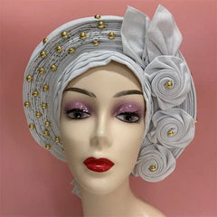 Showlu Fashion Store 0 same as picture 8 / One size High Quality African Nigeria Gele Elegant Helmet With Stones Headband Turban Head Scarf Head-Hat Auto Gele Brand New Hats 7L5191