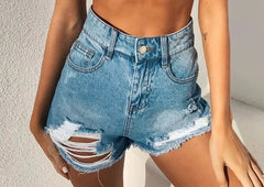 Jeans European and American - Style Lace Denim with Hole Hot Pants - SHOWLU FASHION STORE
