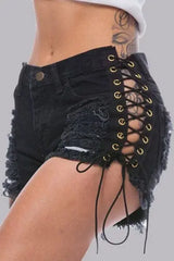 Showlu Fashion Store 162205 L / 8 Black Jeans European and American-Style Lace Denim with Hole Hot Pants