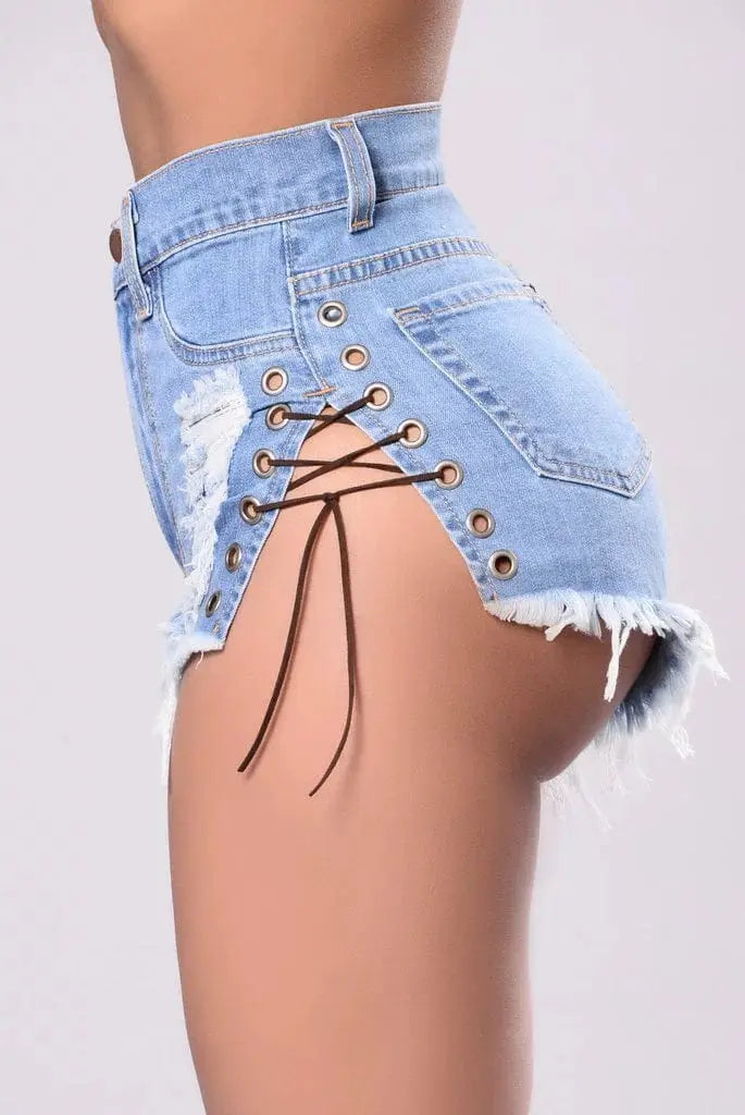 Showlu Fashion Store 162205 Jeans European and American-Style Lace Denim with Hole Hot Pants