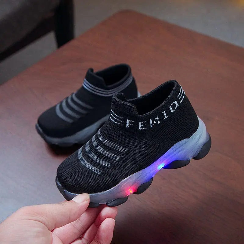 Showlu Fashion Store 0 Black / 22 Kids Sneakers Children Baby Girls Boys Letter Mesh Led Luminous Socks Sport Run Sneakers Shoes Sapato Infantil Light Up Shoes