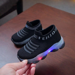 Showlu Fashion Store 0 Black / 22 Kids Sneakers Children Baby Girls Boys Letter Mesh Led Luminous Socks Sport Run Sneakers Shoes Sapato Infantil Light Up Shoes