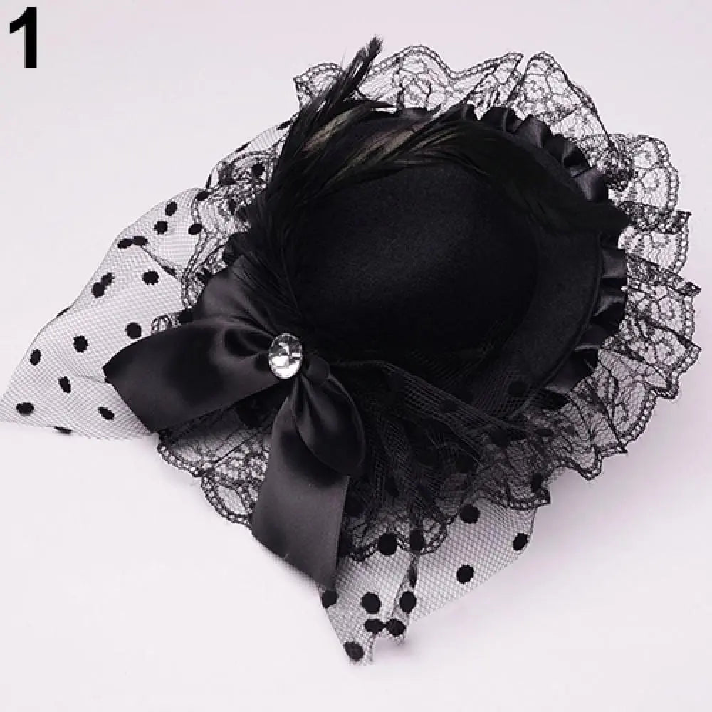 Showlu Fashion Store 0 Black Lady Mini Top Hat Caps Bowknot Decor Lace Fascinator Hair Clip Costume Accessory Women Hair Accessories Wholesales Dropshipping