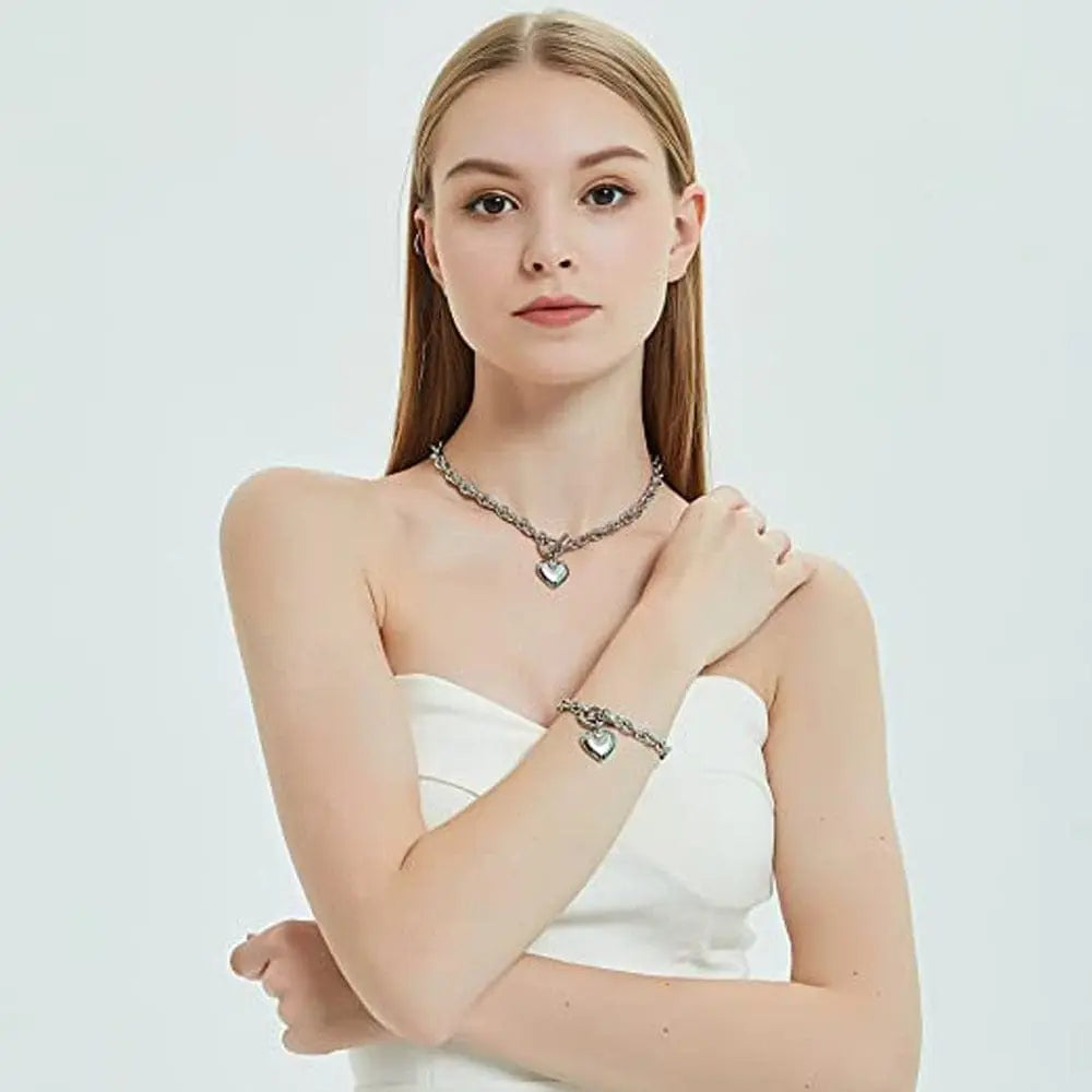 Showlu Fashion Store 0 Love Heart Necklace and Bracelet Jewelry Sets for Women Gift Stainless Steel Engagement Wedding Party Chain Set Jewelry Fashion