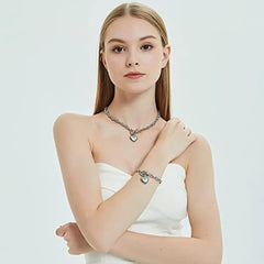 Showlu Fashion Store 0 Love Heart Necklace and Bracelet Jewelry Sets for Women Gift Stainless Steel Engagement Wedding Party Chain Set Jewelry Fashion