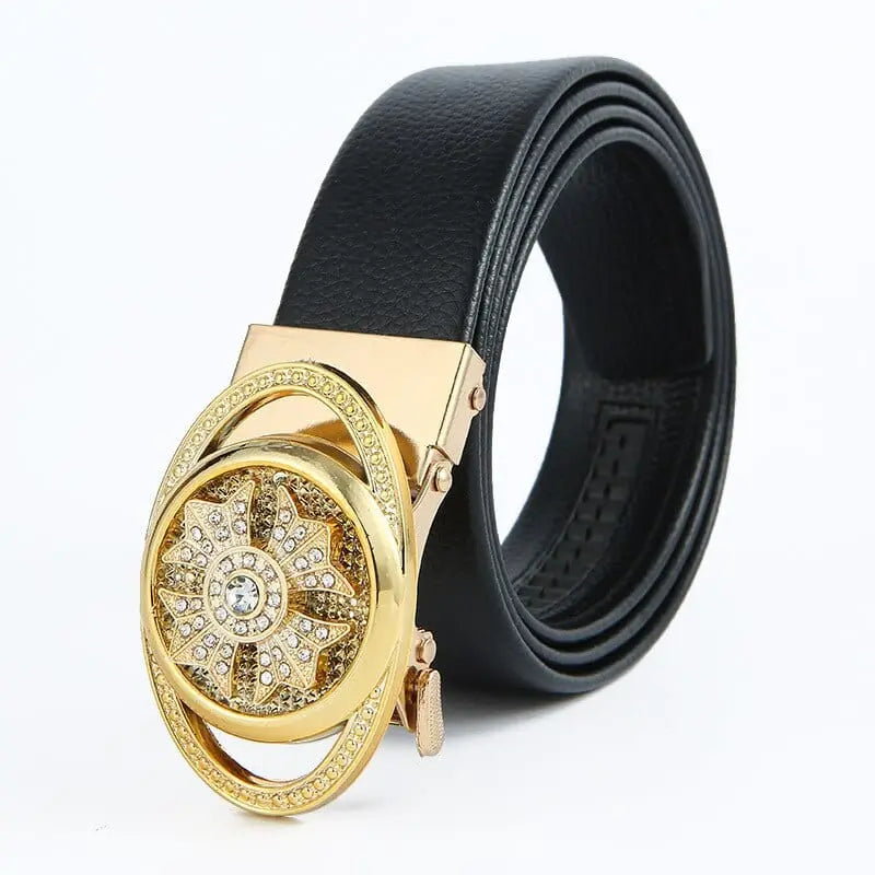 Showlu Store Nation 0 Gold oval / China / 120cm Man Automatic Buckle Leather Belt High Quality Men Business Belt Golden Waist Buckle Rhinestone Decoration Males Luxury Belt