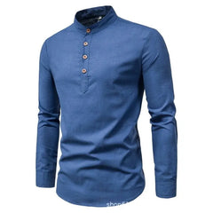 Men's solid color casual slim fitting standing collar long sleeved business shirt shirt - SHOWLU FASHION STORE