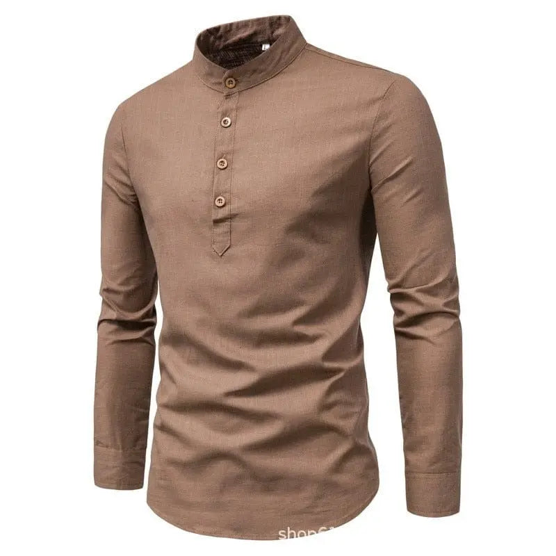 Men's solid color casual slim fitting standing collar long sleeved business shirt shirt - SHOWLU FASHION STORE
