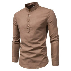 Men's solid color casual slim fitting standing collar long sleeved business shirt shirt - SHOWLU FASHION STORE
