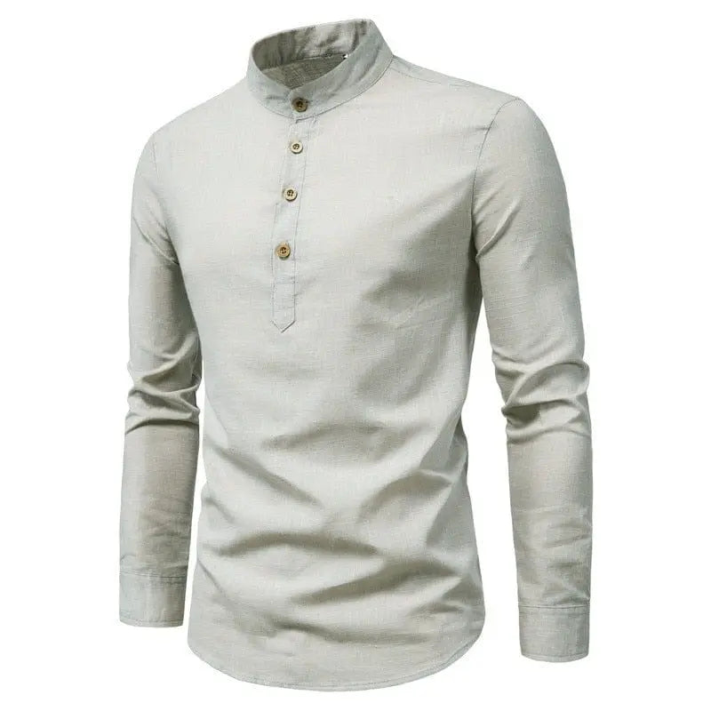 Men's solid color casual slim fitting standing collar long sleeved business shirt shirt - SHOWLU FASHION STORE