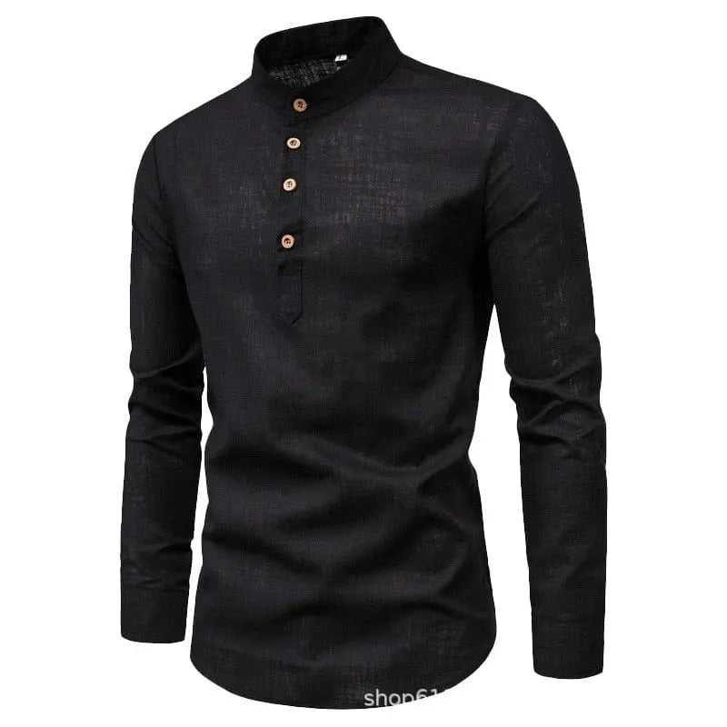 Men's solid color casual slim fitting standing collar long sleeved business shirt shirt - SHOWLU FASHION STORE