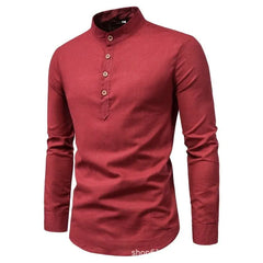 Men's solid color casual slim fitting standing collar long sleeved business shirt shirt - SHOWLU FASHION STORE