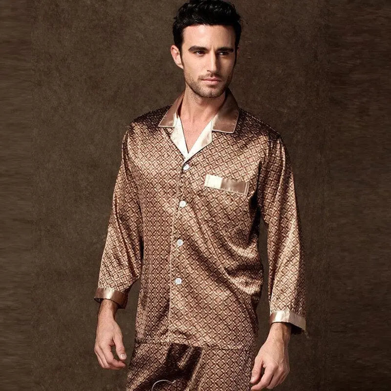 Showlu Store Nation 0 Mens Pajamas for Men Solid Long Sleeve Sleep Tops Trousers Thin Sleepwear Pijama Set Nightgown Male Satin Soft Sleeping Pajamas